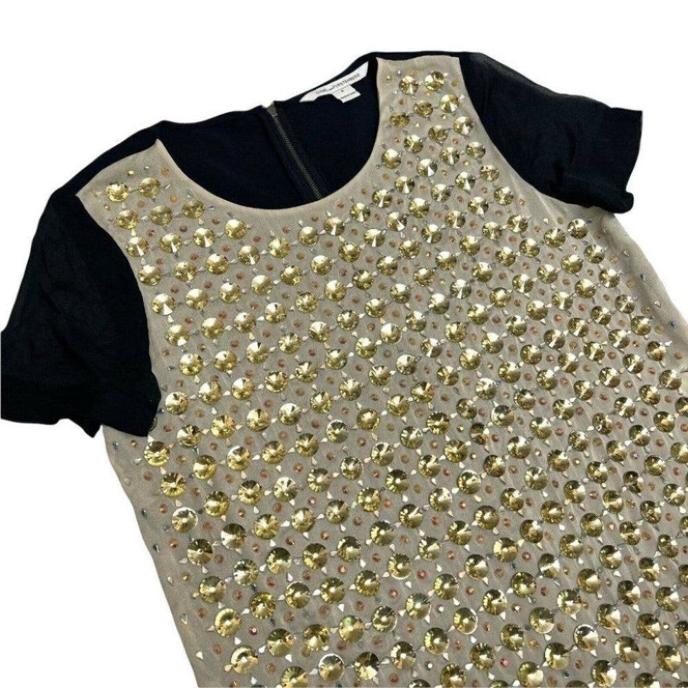 DIANE VON FURSTENBERG WMNS 8 Silk Round Top Jeweled Ecru Crystal Embellished M